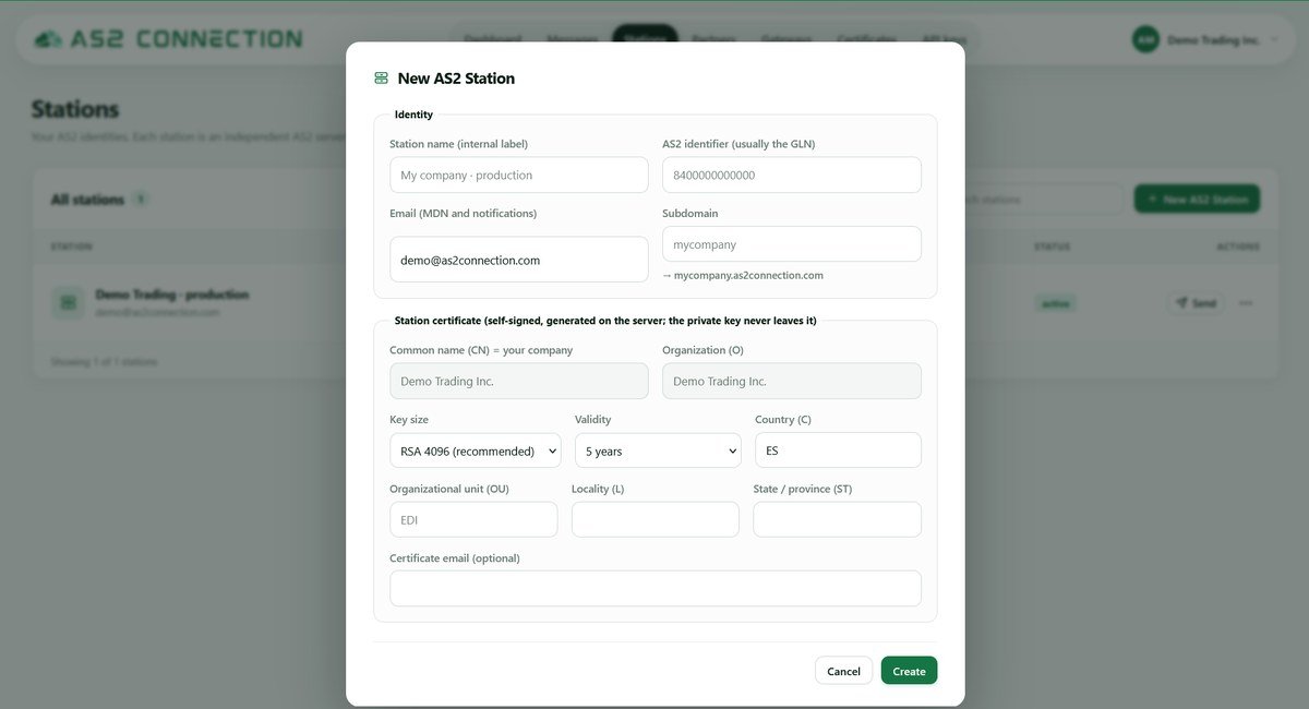 AS2 Connection console: form to create a new AS2 station with its AS2 identifier, endpoint subdomain and self-signed certificate