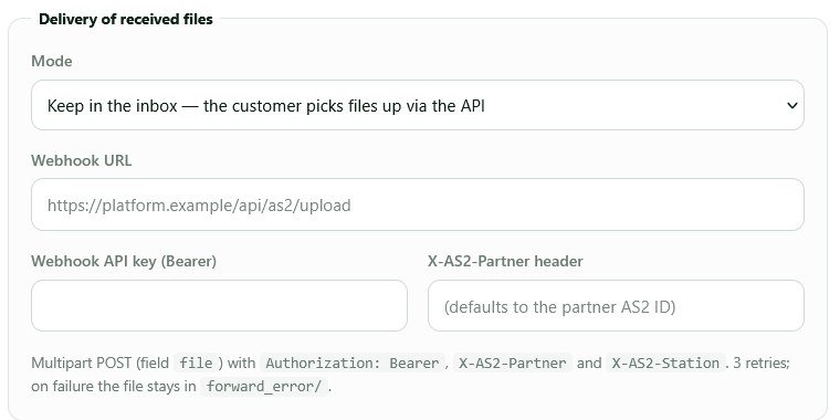 AS2 Connection console: delivery settings for received files, with webhook URL and bearer key