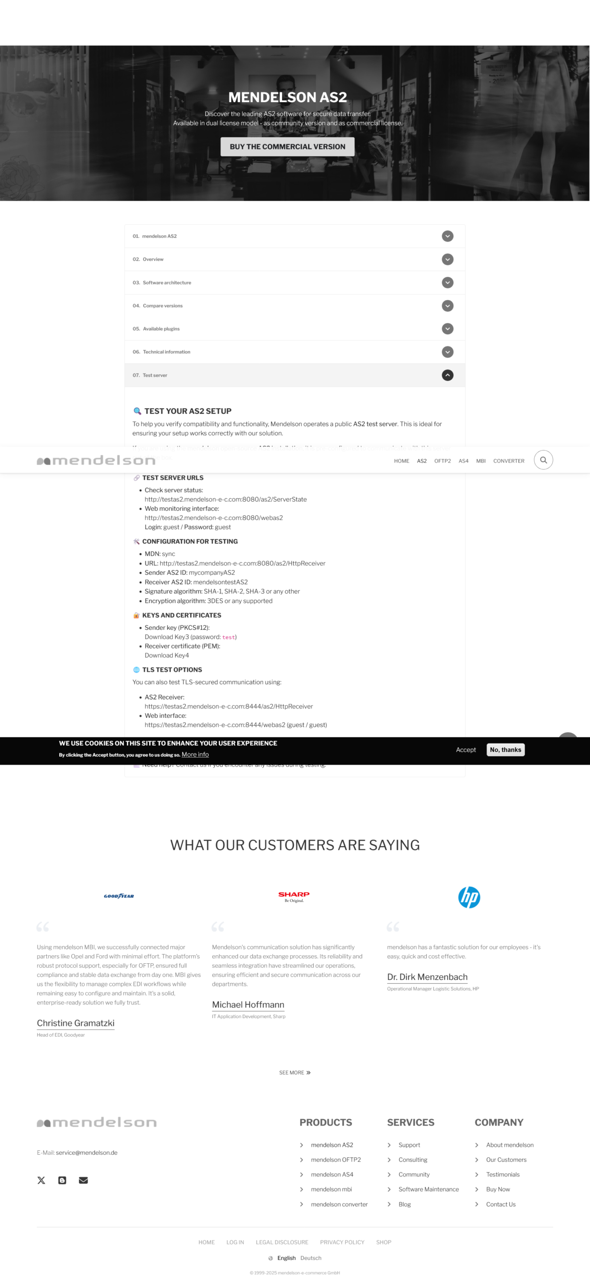 Mendelson AS2 page showing the public test server parameters