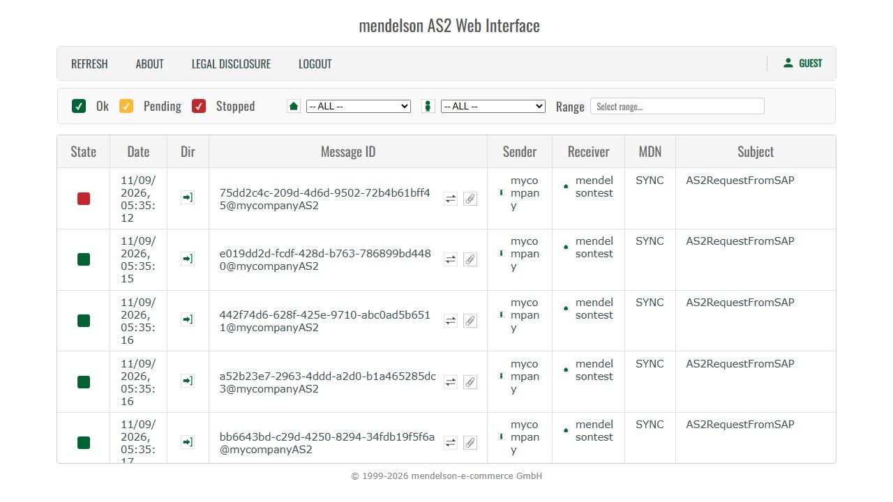 Mendelson public AS2 monitor showing inbound messages and synchronous MDNs