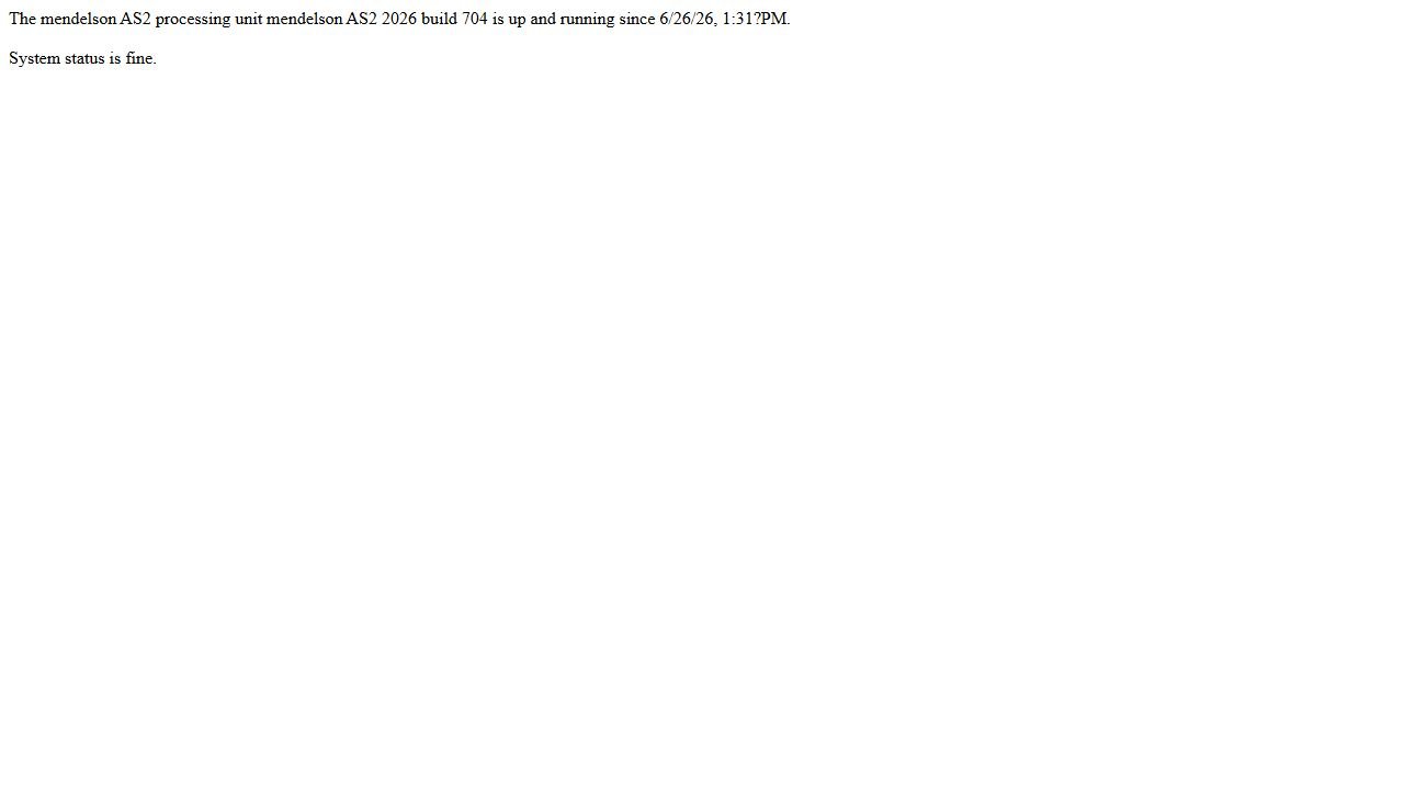 Mendelson AS2 server status page reporting that the test system is running