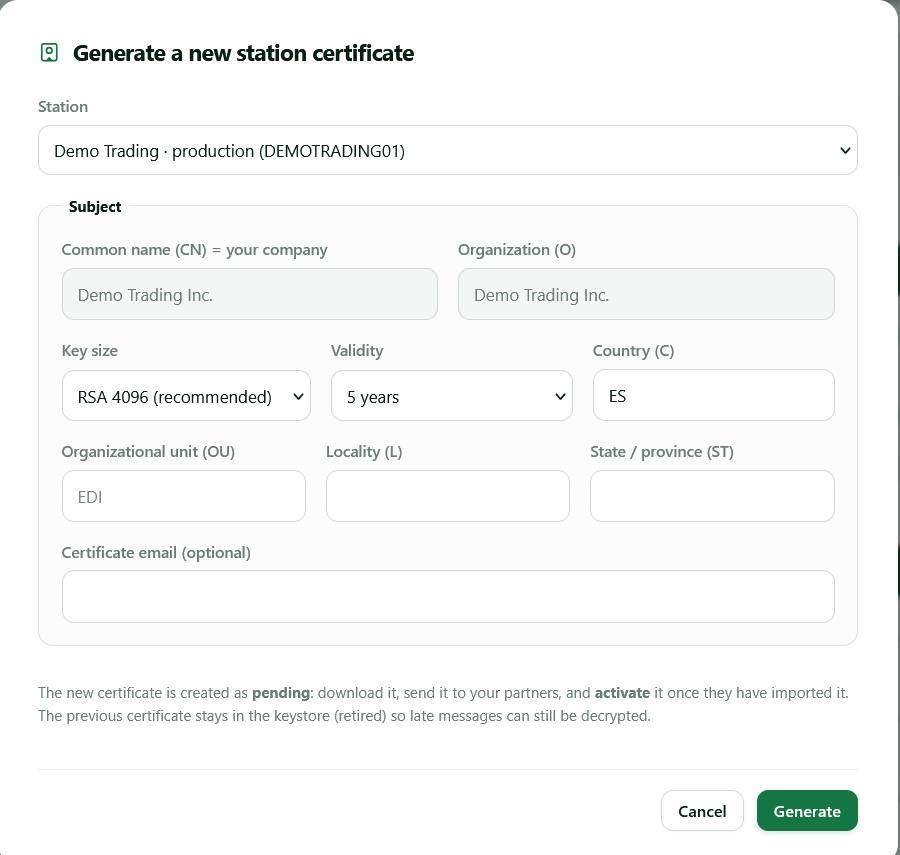 Generating a replacement AS2 station certificate with subject fields, an RSA 4096 key and a five-year validity window, ahead of AS2 certificate expiration
