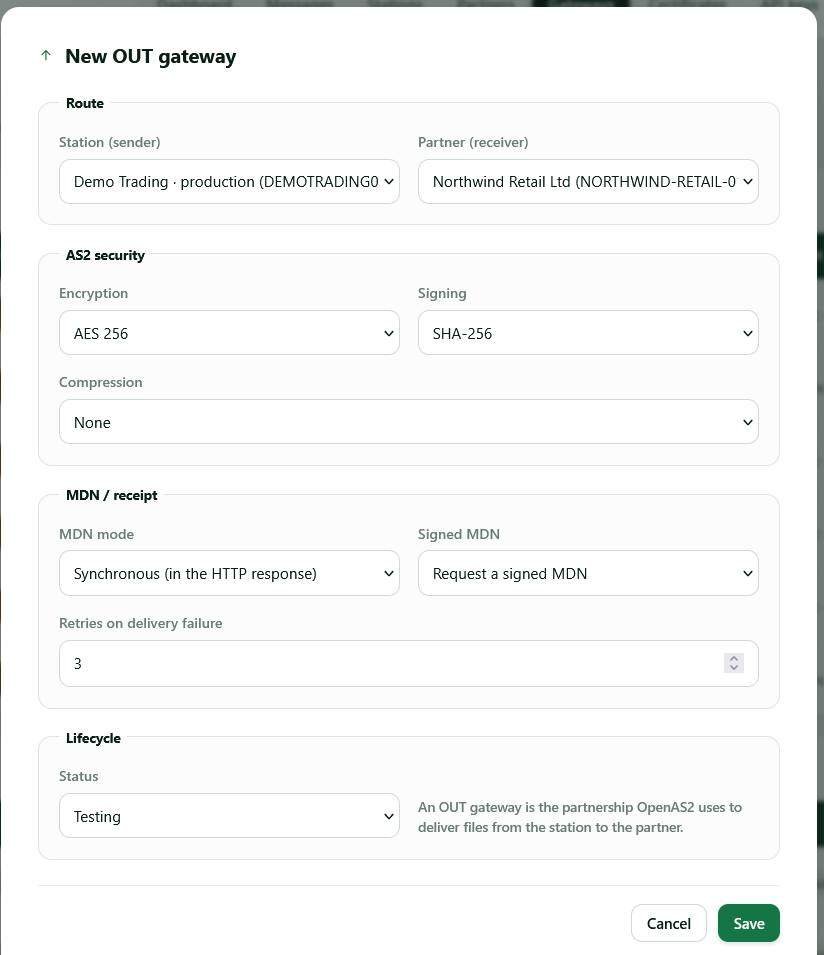 Outbound AS2 gateway security settings showing AES 256 encryption, SHA-256 signing, a signed synchronous MDN and a retry limit