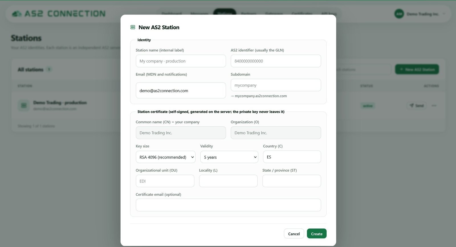 Creating a managed AS2 server station: AS2 identifier, notification email, endpoint subdomain and RSA 4096 certificate fields