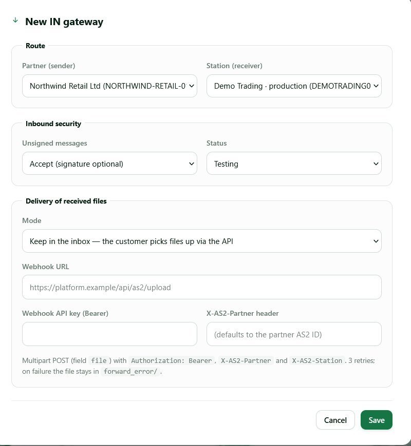 Inbound AS2 gateway configuration showing the partner-to-station route and the choice between holding received EDI files for API pick-up or pushing them to a webhook URL